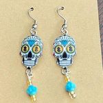 Sugar Skull Seafoam Green Mint Green & Yellow Colored Beaded Dangle Earrings Photo 0