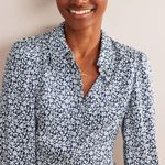 Boden Pleated Skirt Midi Shirt Dress Navy White Floral Long Sleeve Size 4 US Blue Photo 5