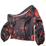 WAYF  Black Red Roses Off Shoulder Long Sleeve Satin Blouse Holiday party blouse Photo 7