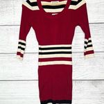 Pink Owl NWT  3/4 Sleeve Striped Stretch Sweater Dress Size Medium Red Black Tan Photo 0