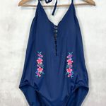 Time and Tru Womens Swimsuit Size XLarge One Piece Embroidered Floral Beach Boho Blue Photo 0
