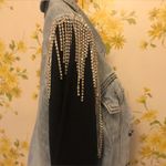 Rhinestone Fringe Denim Jacket Sleeveless Collared washed blue size S Photo 4
