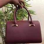 Burgundy Maroon red Hard shell leather hand bag purse satchel gold hardware faux diamond kiss lock Approx 11” wide x 8” tall x 6” deep Photo 0