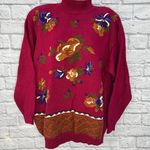 Leslie Fay Vintage 90s  Mock Neck Sweater Size L Maroon Red Floral Embroidered Photo 0