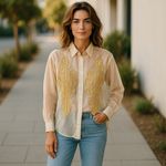 Melanie Barnhart Cream Sheer Embroidered Blouse‎ Size Small Gold Design Photo 1