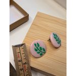 Handmade vintage Pink & Green Leaf Round Stud Earrings Photo 4