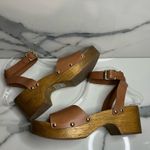 Lulus  | Women's Minimalist Brown Leather Strappy Wooden Willy Clog Sz 8.5 Photo 5