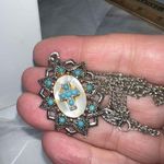 Vintage Silver Tone With Mother of Pearl and Turquoise beads Cross Cameo Pendant Photo 6