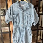 Mango  denim romper playsuit light wash chambray short sleeve pockets button down Photo 5