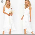 Show Me Your Mumu Best Day Ever White Satin Ruffle Midi Dress Photo 1