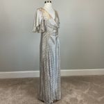 Adrianna Papell Sparkly Short Sleeve V-Neck Long Evening Gown Gold Size 8 Dress Photo 1