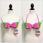 Luli Fama Pink Green Rhinestones Bandeau Bow Tassels Halter Bikini Top NWT Photo 2