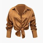 Micas  Satin Button Up Long Sleeve Shirt And Pants Set Casual Elegant Coffee L Photo 5