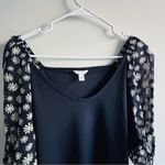Cato  Size L/XL navy blue ribbed knit top with sheer daisy-print sleeves Photo 3