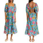 Farm Rio Toucans Garden Blue Floral Puff Sleeve Open Back Midi Dress XS Photo 13