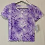 Abound Women’s Tie Dye Cropped Button Up Ruffle Trim Tee Purple Paisley NWT Photo 0