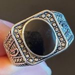 Black obsidian inlaid S925 silver ring size 8.5 Photo 5