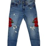Levi's 501T Floral Jeans Embroidered Distressed Cropped Tapered Crop Denim 26 Photo 1