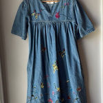 Victorian Era Jean Dress Denim Embroidered Floral Butterfly Blue Photo 0