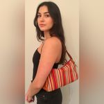 Fossil Multi Color Striped Shoulder Purse Baguette Bag Leather Accents and Key Photo 1