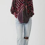 Free People  Shirt Womens Sz S Blouse Black Floral Stripe‎ Mixed Print Boho  NWT Photo 0
