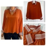 Marie Oliver  Large Rust Burnt Orange Silk Blouse Peasant Top Embroidered Boho Photo 1