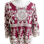Kindred Embroidered Floral Peasant Top Sz Medium Bell Sleeve Red Cream Romantic Photo 0