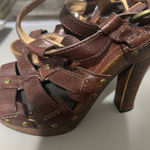 Frye  Brown Leather Platform Heels / Chunky Wood Heel Strappy Sandal Size 7 Photo 0