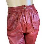 VINTAGE 1980'S REDDISH BROWN LEATHER STRAIGHT LEG PLEATED TROUSERS (XS) Red Photo 5