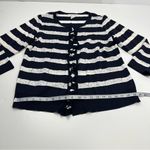 Misook Exclusively  Striped Navy Blue‎ White Medium Ruffle Snap Front Cardigan Photo 7