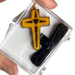 Wooden Cross Pendant Necklace Heart Charm Religious Handcarved Christian Jesus Black Photo 1
