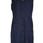 Old Navy  Size S Linen Blend Dress Button Front Midi Pockets Navy Blue Striped Photo 0