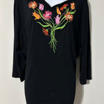 Bob Mackie Wearable Art Black Embroidered Floral V-Neck 3/4 Sleeve Top 1X Photo 0