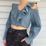Vintage 80s/90s Chambray Ruffle Cold Shoulder Crop Top Blue Size M Photo 0
