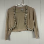Cache  Vintage Y2K Tan Beaded Crop Cardigan Large Workwear Casual Old Money Photo 6