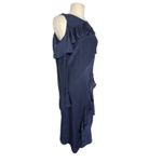 Parker Women’s Silk Navy Asymmetrical Ruffle Long Sleeve Midi Dress Photo 2