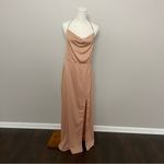Lulus  Dress Maxi Its Fate Satin Sleeveless Halter Party Cocktail Nude Neutral Photo 1