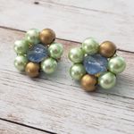 Vintage Clip On Earrings 1" Light Green, Blue, Bronze Tone Cluster Photo 1