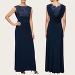 Alex Evenings Empire Lace Gown Navy Size 16 Maxi Evening Dress Drape Back NWT Photo 1