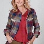 CAbi  #3555 collage plaid pearl jacket 3555 shacket sz M Photo 0