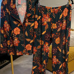 IMAN Dark Green and Orange Floral Pajama Set Size Petite Large Photo 0