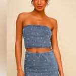 LuLus Glamorous Vibe Medium Wash Denim Two Piece Mini Dress in Size Medium Blue Photo 0