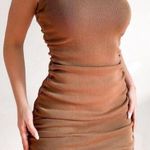 LIONESS [] Military Minds Brown Ruched Crew Neck Mini Dress Stretch Ribbed Sz XS Photo 0