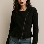 Elle  Black Moto Jacket L‎ Peplum Hem Full Zip Long Sleeve Casual Grunge Photo 0