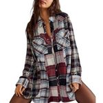 Free People  Penny Plaid Mini Shirtdress Embellished Red Blue Beaded size Medium Photo 0
