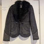 Cache Women’s Faux Fur Collar Wool Blend Vintage Jacket Charcoal Gray Size L Y2K Photo 0