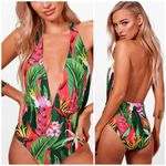 Boohoo  Green Red Tropical Floral Plunge Halter Neck One Piece Swimsuit Size 12 Photo 1