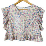 ZARA ‎ Floral Sequin Crop Top Blouse Flutter Sleeves Cream Pink Blue, Size Medium Photo 0
