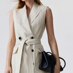 H&M Linen Blend Jacket Dress Belted Light Beige Pinstripe Size Large NWT Photo 0