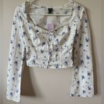 Wild Fable Women’s White and Blue Floral Cropped Blouse Size XXS NWT Photo 0